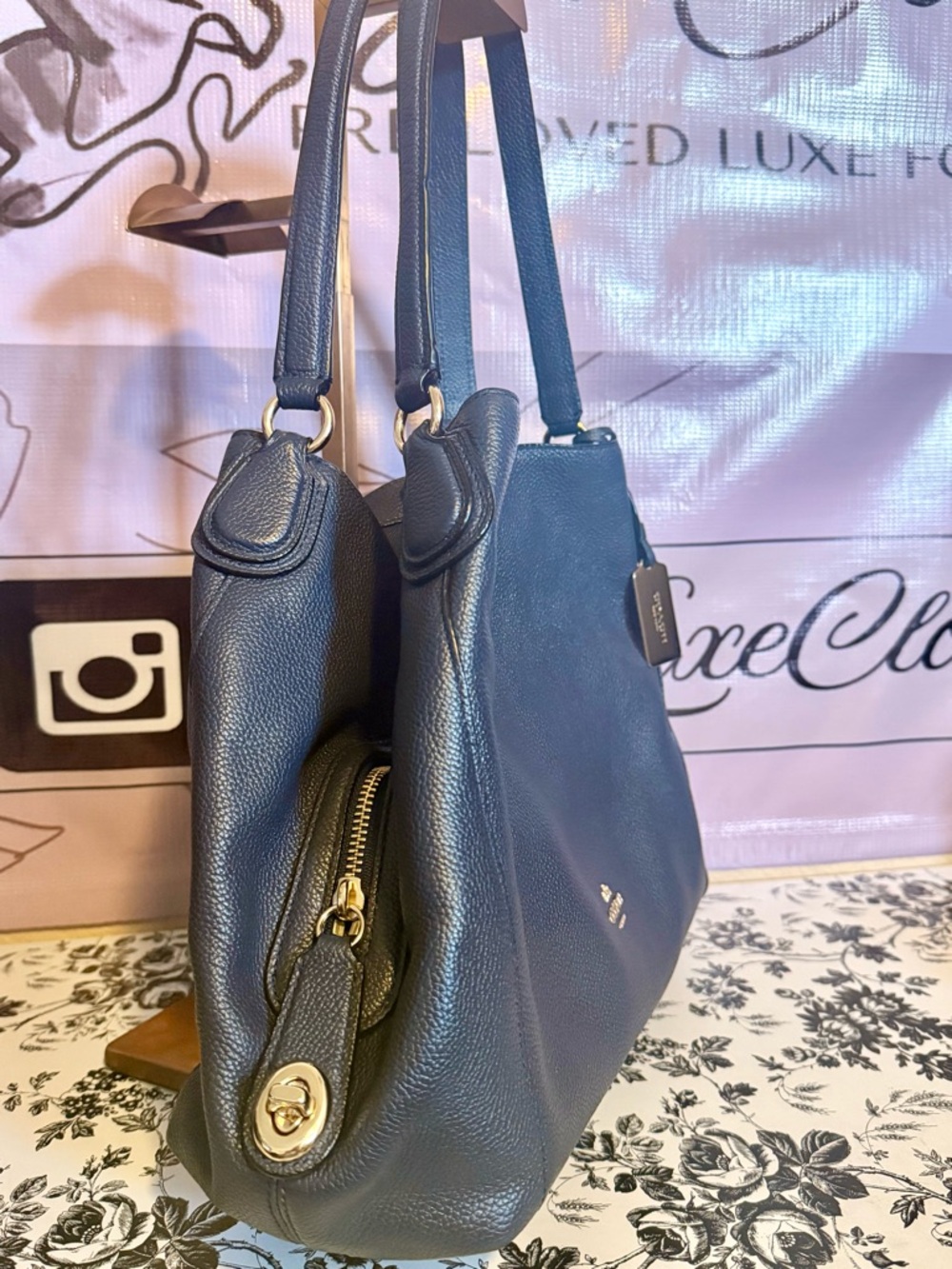 Coach Navy Blue Pebbled Leather Shoulder Tote - Picture 3 of 7